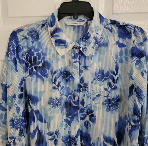 NWT Isaac Mizrahi Blouse Size SP Long Sleeve White Blue Floral Semi-Casual - Picture 3 of 12